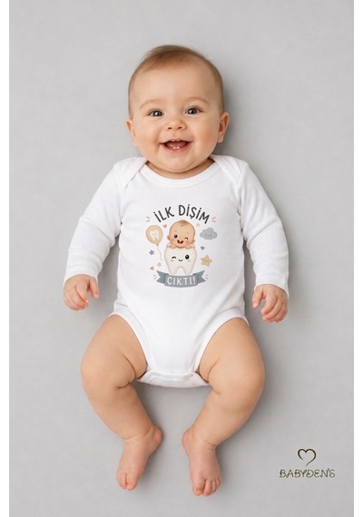 Babyden's İlk Dişim Çıktı Baskılı Uzun Kol Bebek Body %100 Pamuk Unisex Diş Buğdayı Konsept Çıtçıtlı Zıbın Beyaz