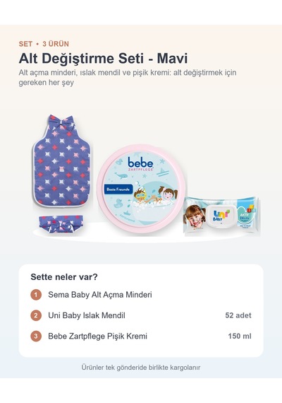 Alt Değiştirme Seti 3 Parça: Sema Baby Alt Açma Minderi + Uni Baby Islak Mendil + Pişik Kremi - Mavi