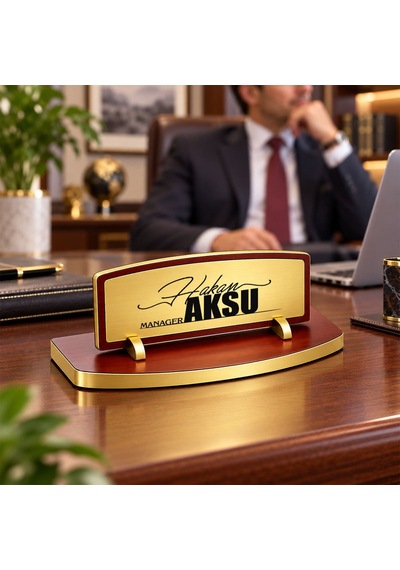 Bk Gift Kişiye Özel Ahşap Masa İsimliği Gold Plakalı Bk27 -4 Çok Renkli