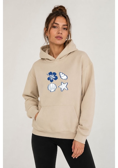 Herkesemoda Deniz Kabukları Baskılı Kapüşonlu 2 İplik Şardonlu Sweatshirt Bej