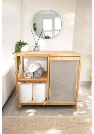 Bambu 3 Raflı Kumaş Sepetli Banyo Düzenleyici Kirli Çamaşır Sepeti Db-0046 Diğer
