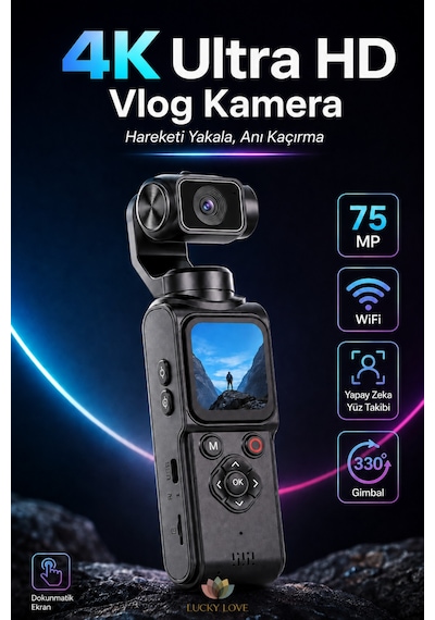 4k Ultra Hd Vlog Kamera 75mp Wifi Yapay Zeka Yüz Takipli 330 Gimbal 1.7 Dokunmatik Ekran 64gb Hafıza Kartlı