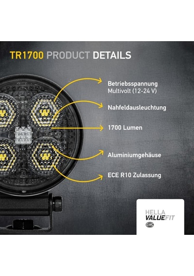 Hella Led-çalışma Farı Tr1700-24/12v - 1700lm - Vidalanmış/montaj - Hareketli Montaj Barı - Yakın Alan Aydınlat