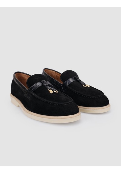 Hakiki Deri Siyah Süet Kadın Loafer Siyah