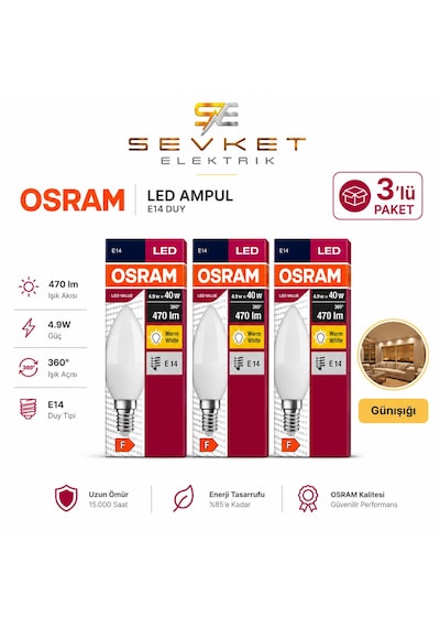 Osram 4.9w 40w 3'lü Led Mum Ampul Sarı-2700k E14 3 Adet