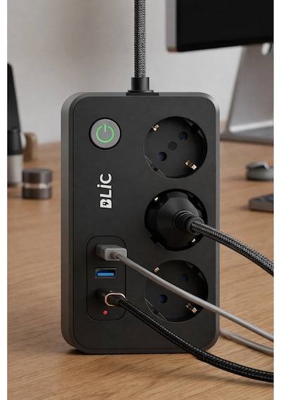 Blic Ftr-02 Akım Korumalı 3lü Grup Priz - 2500w, 20w Pd Usb-c Ve 2x Usb-a Hızlı Şarj, 2 Metre 0.2 M