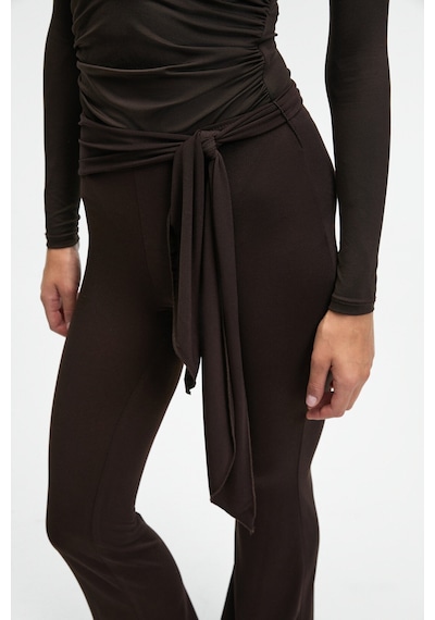 Grımelange AYSHUR Kadın Esnek Kumaşlı Kemer Detaylı Geniş Paçalı Slim Fit Koyu Kahverengi Pantolon