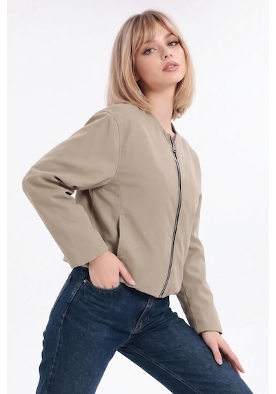 Kadın Bej Balon Kol Oversize Fermuarlı Bomber Ceket-395