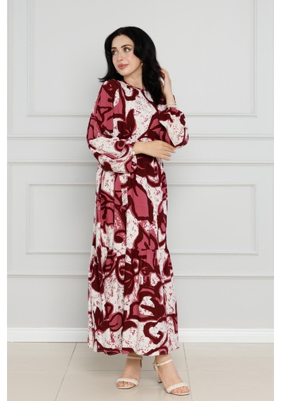 Sevitli Çiçekli Kuşaklı Viscon Elbise-bordo-4127-bordo Bordo