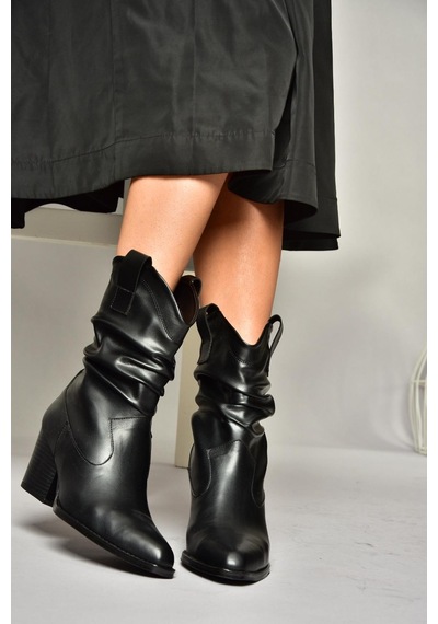 Fox Shoes T296713009 Siyah Kalın Topuklu Kadın Bot Siyah-Suni Deri Siyah