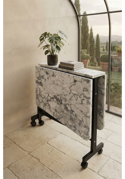 Çok Amaçlı Açılır Katlanır Ahşap Kelebek Masa Beyaz Mermer 60x120