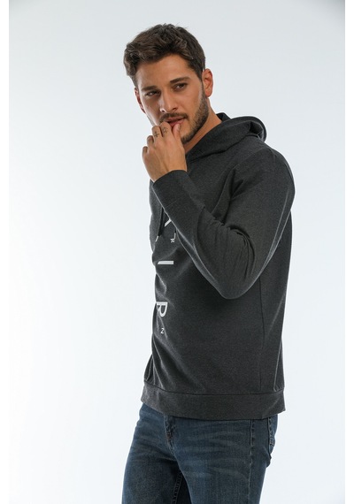 Süperlife Erkek Kapşonlu Regular Fit Air Baskılı İnce Sweatshirt Spr22sw162 Antrasit