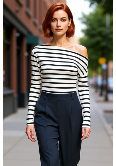 Ersefa Moda Kayık Yaka Örme Slim Çizgili Desen Casual Günlük Regular Uzu siyah