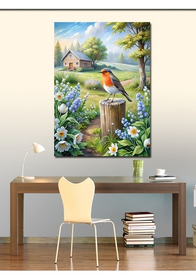 Kanvas Tablo Kırmızı Kuş Ve Çiçekler 70cmx100cm