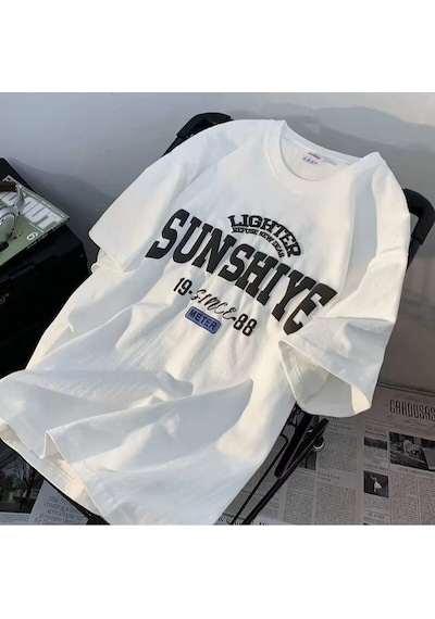 Sunshıya Baskılı Oversize Kalıp T-shırt Beyaz