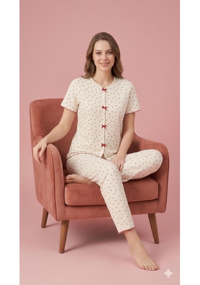 Sleeproom Yazlık Ekru Kiraz Desenli Kısa Kol Penye %100 Pamuk Pijama Takım