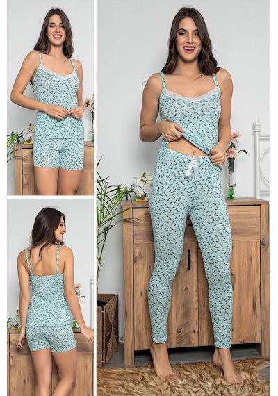 Myben Kadın Çiçek Desenli Dantel Detaylı Şortlu Ve Taytlı Pijama Takımı 3'lü Set 75013 Mint