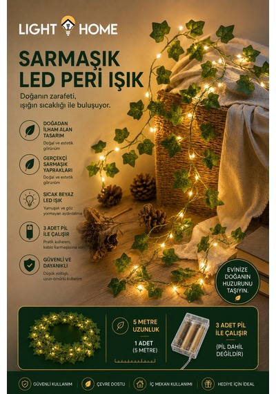 Yapay Sarmaşık Led Işık Dekoratif Işıklı Sarmaşık Led Oda Duvar Yatak Odası Parti Yılbaşı Dekoru 5 Metre 50 Led Sarı