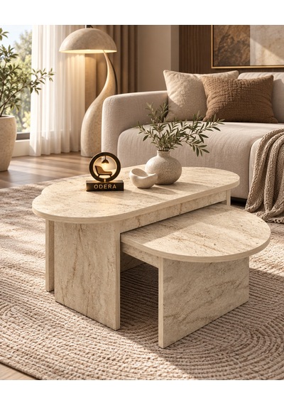 Odera Setro Ekru Traverten Desenli Oval Orta Sehpa 2'li Set İskandinav Retro Salon Sehpası Diğer Odera Setro Ekru Traverten Desenli Oval Orta Sehpa 2'li Set İskandinav Retro Salon Sehpası Diğer
