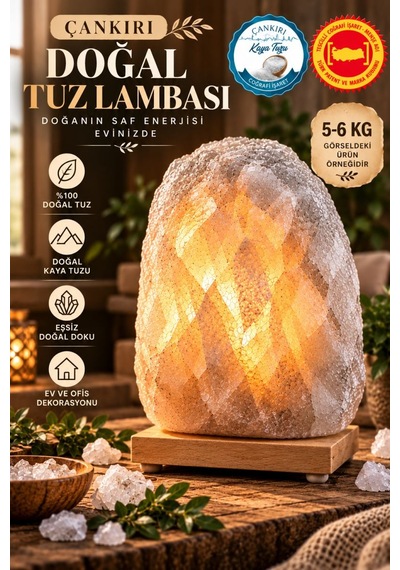 Çankırı 5-6 Kg Gri Doğal Kaya Tuzu Lambası Ahşap Kaideli Dekoratif Lamba