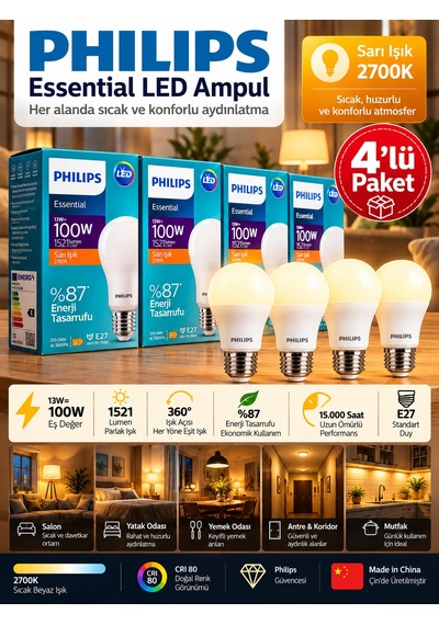 4 Adet 13w Sarı Işık 2700k E27 Duylu Kalın Duy Led Ampul