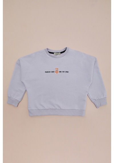 Fullamoda Ayıcık Baskılı Oversize Kız Çocuk Sweatshirt Gri