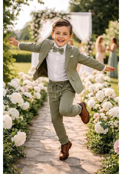 Baby Kids Colors Erkek Çocuk Flamlı Keten Salaş Ceketli Takım Elbise / Gömlek Pantolon Ceket Papyon Keten Takım Yeşil