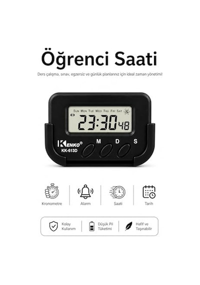 Kenko Kk-613d Dijital Saat, Kronometre Ve Alarm Fonksiyonlu, Siyah, Abs Plastik, Araç İçi Ve Masaüstü Kullanım, Pomodoro Timer, Lcd Ekranlı