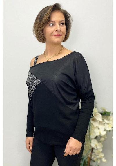 Mia Butik Büyük Beden Siyah Tek Omuz Leopar Detaylı Bluz-1582 Gri