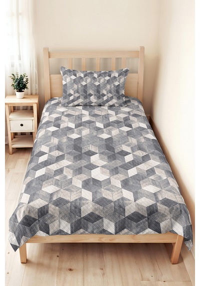 Gri Geometrik Modern Genç Odası Tek Kişilik Pike Takımı - Beyaz Küp 160x220 Cm Kapitone Yatak Örtüsü Altın