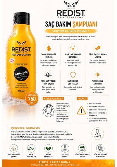 Redist Tuzsuz Şampuan 750 Ml Nazik Temizlik Ve Canlı Görünüm Tüm Saç Tipleri