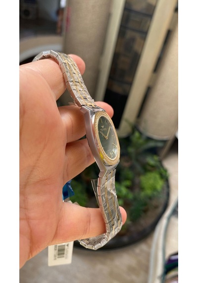 Ferro Quartz Çelik Altın/gri Yeşil Kadran 32 Mm Kelebek Kilit Kadın Kol Saati Gri