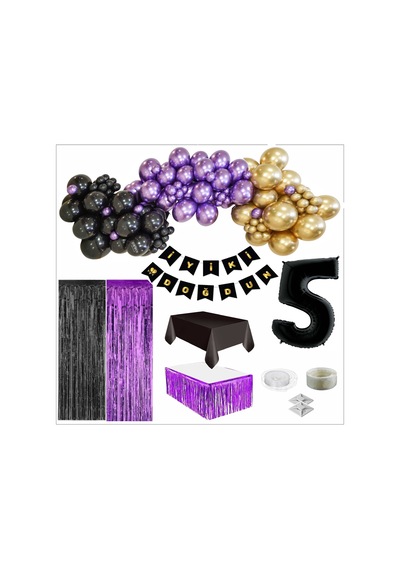 5 Yaş Siyah, Gold, Mor Balon, Siyah-gold Doğum Günü Seti