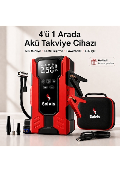 Solvis 4'ü 1 Arada 12v Akıllı Akü Takviye Cihazı, Lastik Şişirme Pompası, Powerbank Ve Led Aydınlatma Çanta Hediyeli