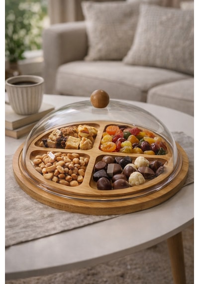 4 Bölmeli Bambu Sunumluk Akrilik Kapaklı Çerezlik Kahvaltılık Sunum Tabağı 28x28 Cm Şeffaf