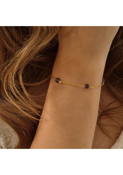 Queen Silver Jewelry 925 Ayar Gümüş Örme Ametist Doğal Taş Bileklik Altın