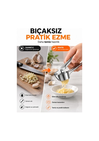 Paslanmaz Çelik Sarımsak Ezici Pres Ergonomik Saplı Sarımsak Rendesi Mutfak Aparatı Gri