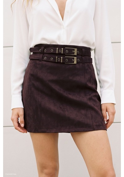 Sateen Süet Çift Kemerli Mini Etek - Bordo-137996