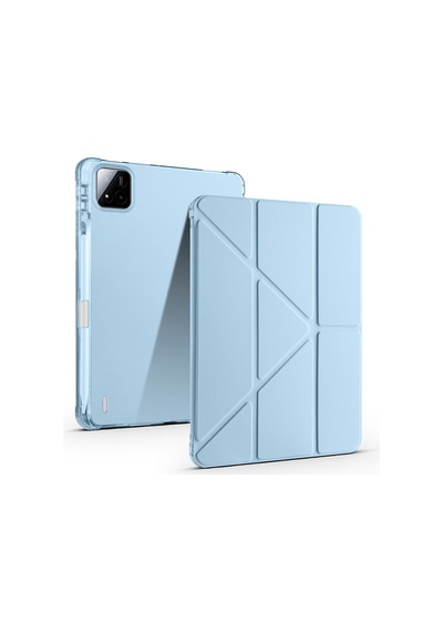 Mi Pad 7 2024 2410crp4cg Uyumlu Kalem Bölmeli Dönebilen Üçgen Standlı Tri Folding Tablet Kılıfı - Mavi - T38567
