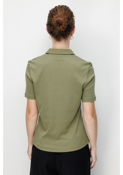 Kadın Polo Yaka İğne İşlemeli Pamuklu Penye T-shirt Haki Haki