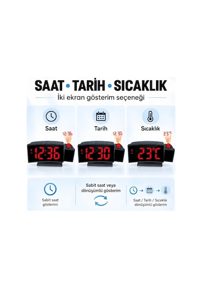 Projeksiyonlu Dijital Masa Saati Kırmızı Led Ekranlı Alarm Snooze Sıcaklık Tarih Usb Ve Pil Diğer