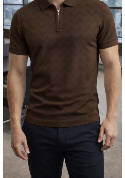 Erkek Slim Fit Fermuarlı Polo Yaka Triko Tişört Kahverengi