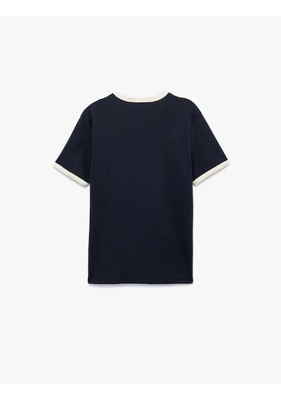 Koton Kısa Kollu Bisiklet Yaka Renk Kontrastlı Pamuklu Slim Fit Tişört Lacivert 6wam10098hk Lacivert
