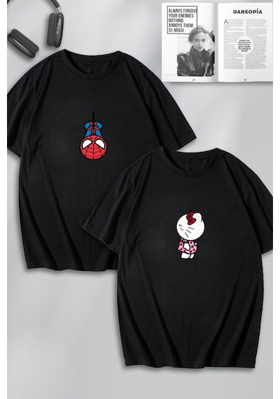 Unisex Kadın Erkek Hello Kitty Spiderman Baskılı Sevgili Çift Kombini Tasarım Oversize Tshirt 2'li Siyah Mck0102 Siyah
