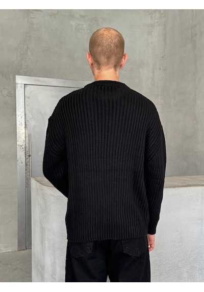 Erkek Fitilli Örme Oversize Kazak Siyah