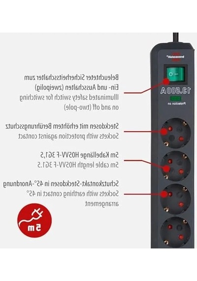 6'lı Grup Priz, Yüksek Gerilim Korumalı Ve 5 Metre Kablo İle Tasarruf Sağlayan Antrasit Renk 0