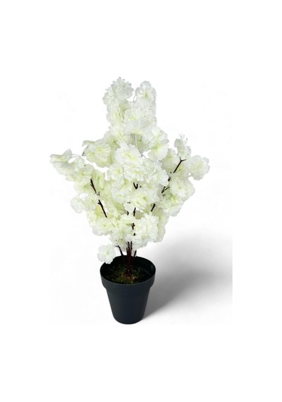 Yapay Ağaç Bahardalı Ağacı Beyaz Japon Kiraz Çiçeği Sakura Çiçeği 70cm Siyah Plastik Saksılı