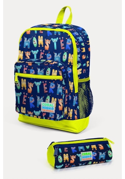 Coral High Kids Lacivert Neon Sarı Monster Desenli 2'li Okul Çanta Seti - Erkek Çocuk