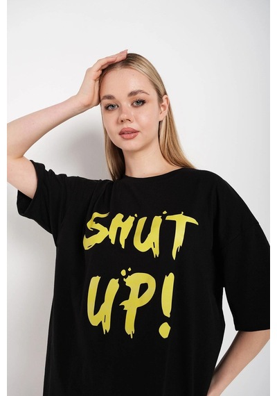 Tarzsokak Kadın Shut Up Beyaz Baskılı Oversize Tshırt Siyah