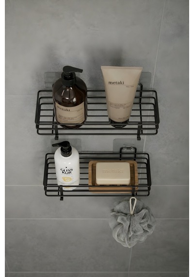 Sas Haus Tek Katlı Duş Rafı Kancalı Banyo Şampuanlık & Organizer 2 Adet Siyah Tş-01 Siyah